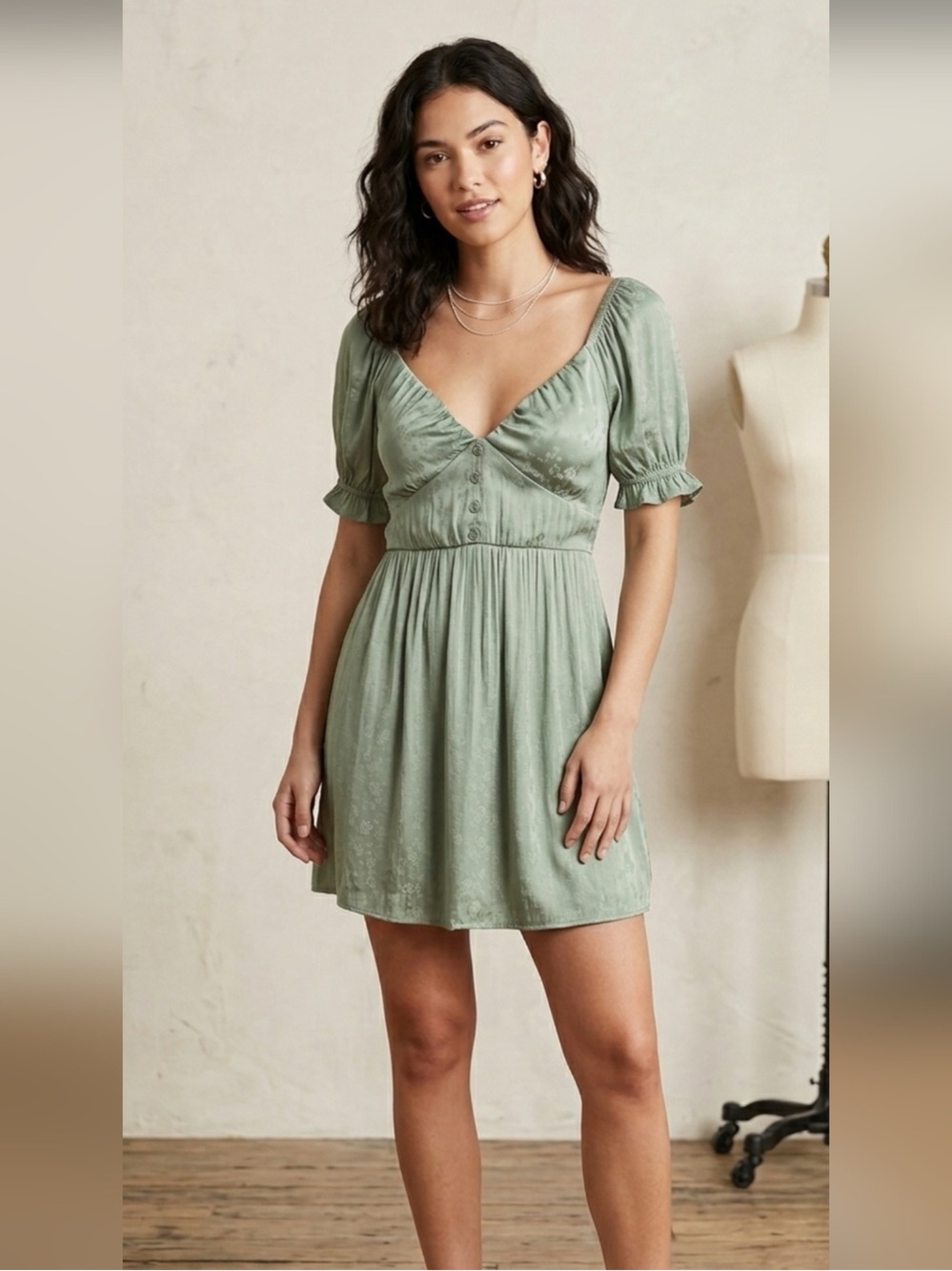 wild fable Sage Green V-Neck Short Puff Sleeve Mini Dress